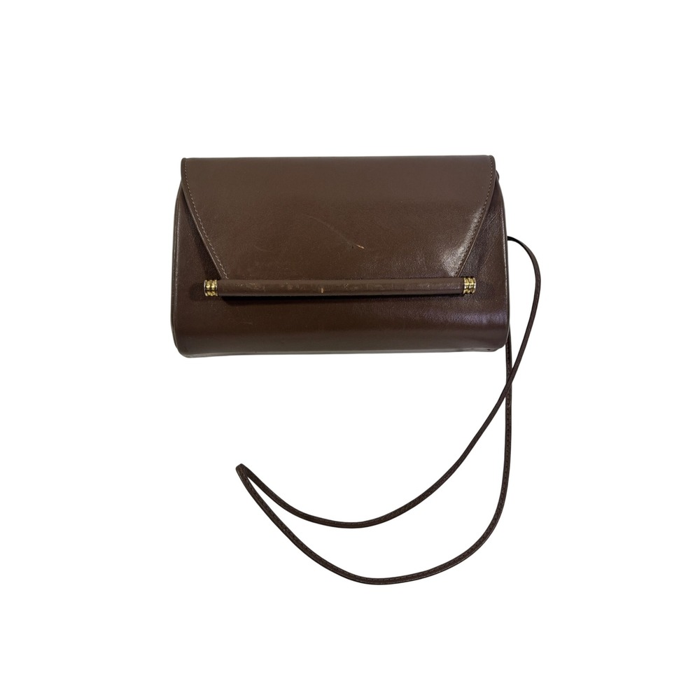 Ande Vintage Brown Leather Hexagon Shoulder Bag Gold Hardware Minimalist Clutch